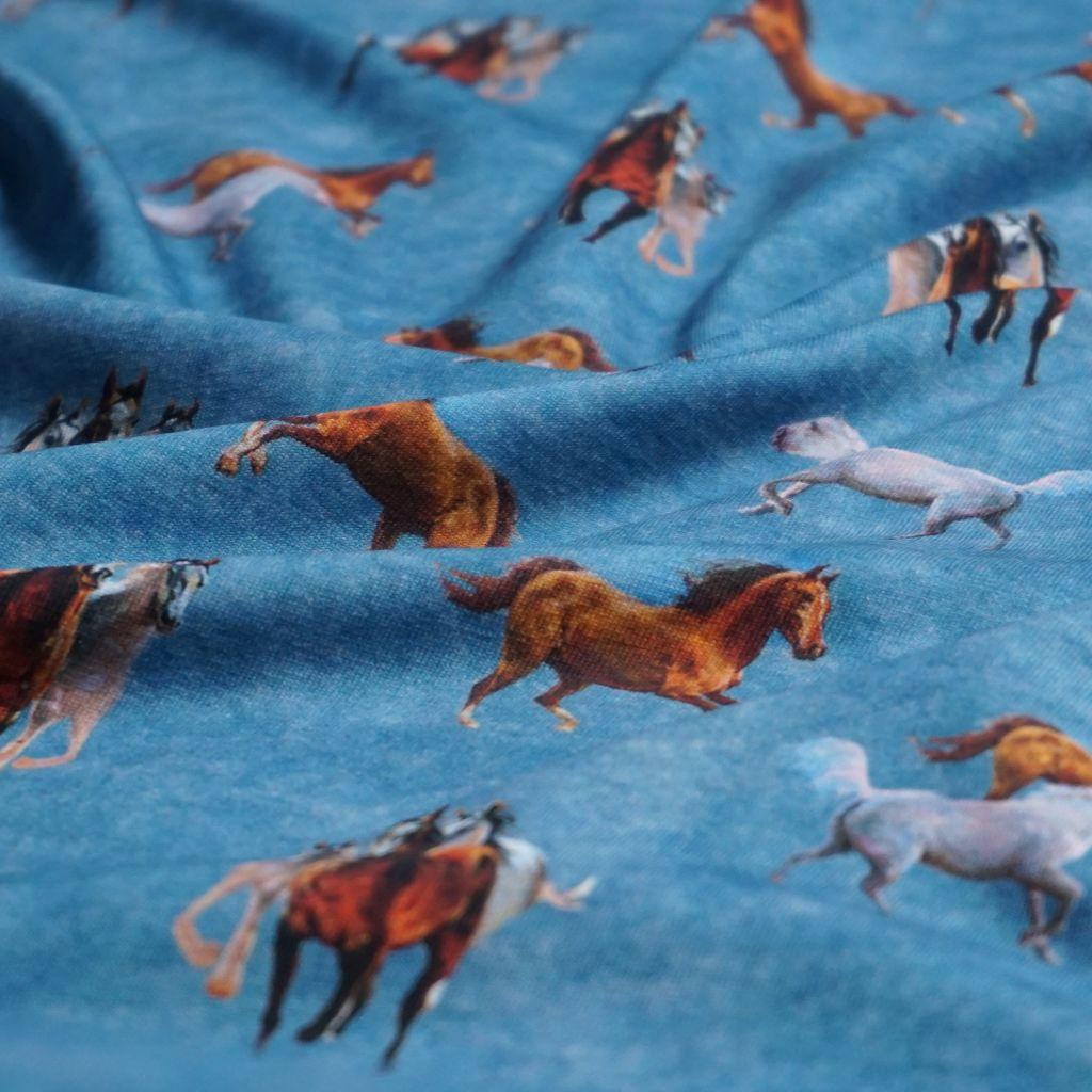 Baumwolljersey Wildpferde blau